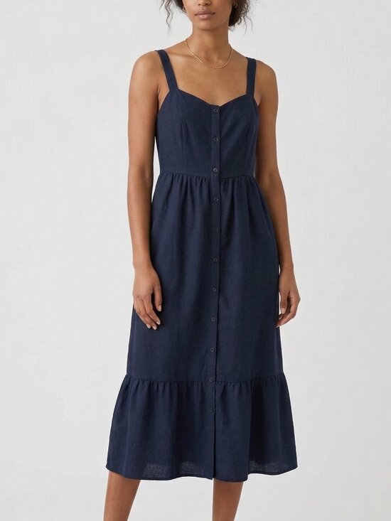 Frank & Oak Dresses & Skirts - Frank And Oak Navy Tencel Linen Blend Button-Down Midi Dress S